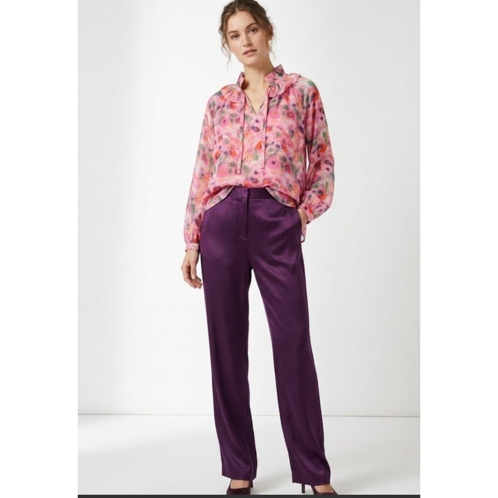 Entro Floral Ruffle Neck Blouse Womens Pink Sheer Long Sleeve Tie Front Top S